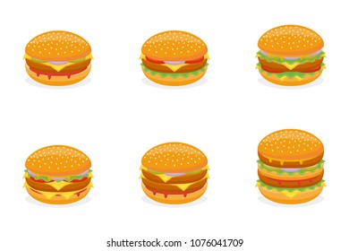 Set of different burgers isolated on white background. Fast food menu. Hamburger, cheeseburger, beefburger, big and double burger. Vector illustration.