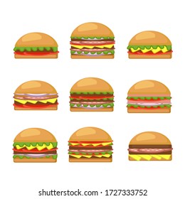 Conjunto de diferentes hamburguesas aisladas de fondo blanco. Hamburguesa de comida rápida, hamburguesa de queso. Ilustración vectorial.
