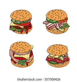 Set with different burgers. Objects isolated on white. For your design, announcements, cards, posters, restaurant and cafe menu.