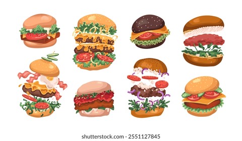 Conjunto de diferentes hamburguesas. Sabrosas hamburguesas, deliciosas hamburguesas con queso. Comida rápida americana. Comer en un restaurante de comida rápida. Comidas con carne, ensalada, bollos. Ilustraciones vectoriales aisladas planas en blanco