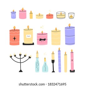 Set of different burning candles in glass, holders, bottles, candlesticks with various decorations. Vector hand drawn illustration in flat style. 