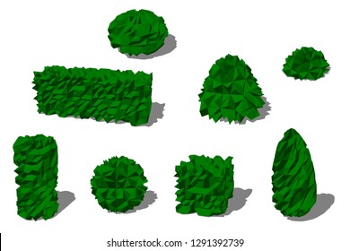 Set of different bushes. Isolated on white background. 3D low poly vector illustration.