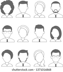 Set of different business avatar man  woman in black and white color palette.
Occupation avatars of different manager. Collection of various avatars of female male.
