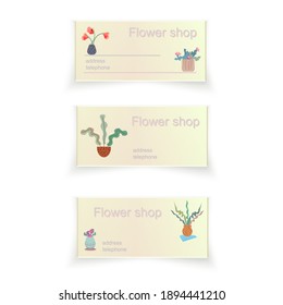 Set of different business cards of flower shop. Vector illustration promotion material. Cute indoor decorative plants in pots.