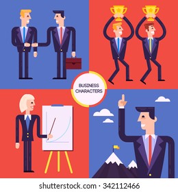 Set of different business characters, winners men, woman at the chart, successful businessman, negotiating partners. Fully editable vector illustration.