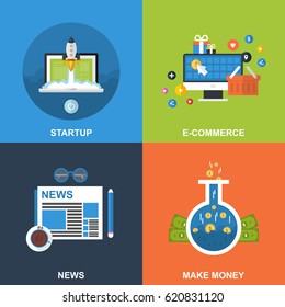 Set of Different Business Design Concepts. Startup, E-commerce, News and Money