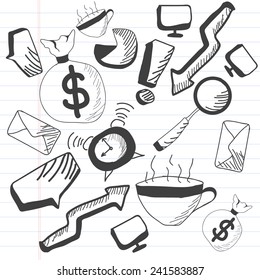 Set of different business doodles on notebook paper in black and white.