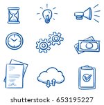Set with different business icons, as file sharing cloud, clock and hourglass, money, checklist, documents, light bulb and gears. Hand drawn line art cartoon vector illustration.