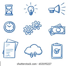 Set With Different Business Icons, As File Sharing Cloud, Clock And Hourglass, Money, Checklist, Documents, Light Bulb And Gears. Hand Drawn Line Art Cartoon Vector Illustration.