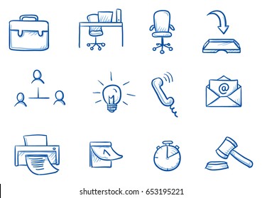 Set with different business and office icons, as chair, desk, light bulb, letter, calendar and watch for work flow charts. Hand drawn line art cartoon vector illustration.