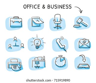 Set with different business and office icons, as chair, desk, light bulb, letter, calendar and watch. Hand drawn sketch vector illustration, blue marker style coloring on single blue tiles.