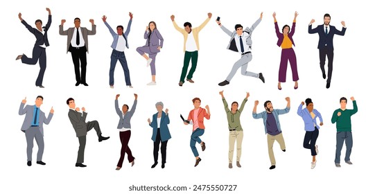 Set of different business people celebrating win, goal achievement. Business team with hands up isolated on white background. Concept of victory and success. Vector illustration in flat cartoon style.