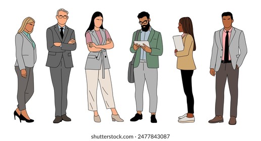 Set of different business people colored drawings. Group of men and women in formal suits. Team work concept. Hand drawn vector outline illustrations isolated on transparent background.