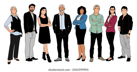 Set of different business people colored outline drawing. Group of men and women in formal suits. Team work concept. Hand drawn vector sketch illustrations on transparent background.