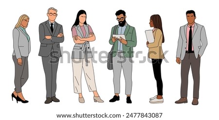 Set of different business people colored drawings. Group of men and women in formal suits. Team work concept. Hand drawn vector outline illustrations isolated on transparent background.