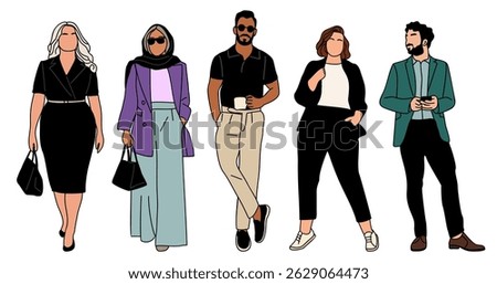 Set of different business people colored outline drawing. Group of men and women in formal suits, casual clothes. Team work concept. Hand drawn vector sketch illustrations on white background.