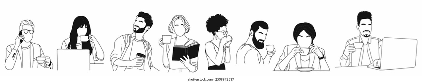 Conjunto de diferentes personas de negocios bebiendo café, té. Hombres, mujeres que trabajan en el ordenador portátil, hablando por teléfono, libro de lectura con la taza de bebida caliente. Dibujo de Vector de contorno simple aislado en blanco.