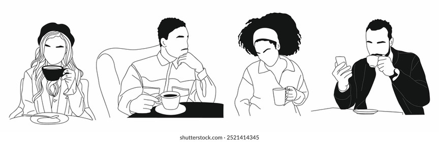 Set of Different business people drinking coffee, tea. Men, women working on laptop, talking by phone, reading book with cup of hot beverage drink. outline vector drawing isolated on white background.