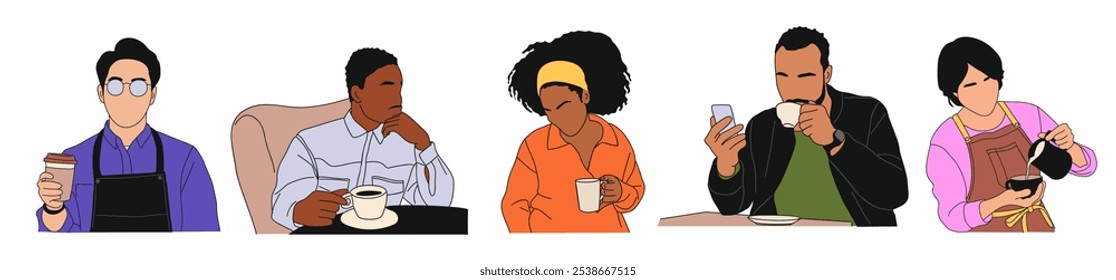 Conjunto de diferentes pessoas de negócios bebendo café, chá. Homens, mulheres trabalhando, conversando por telefone com uma xícara de bebida quente. Barista enchendo o café. Desenho de vetor de contorno colorido isolado.