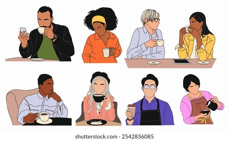 Conjunto de diferentes pessoas de negócios bebendo café, chá. Homens, mulheres trabalhando, conversando por telefone com uma xícara de bebida quente. Barista enchendo o café. Desenho de vetor de contorno colorido isolado.