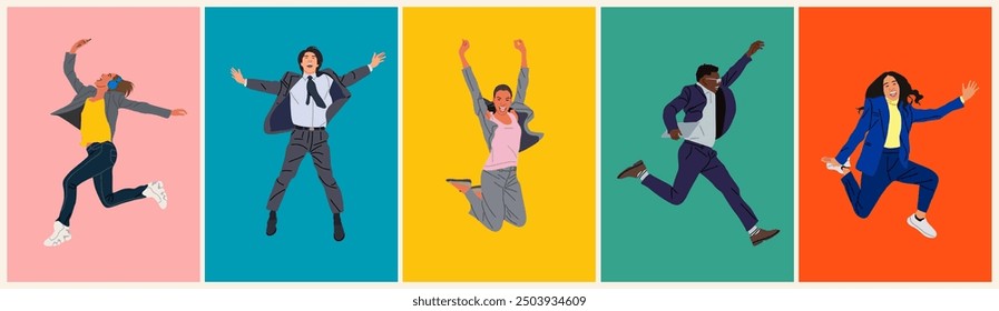 Set of different business people jumping for joy, celebrating success. Cartoon excited female and male characters in formal office suits. Vector realistic illustration isolated on colorful background