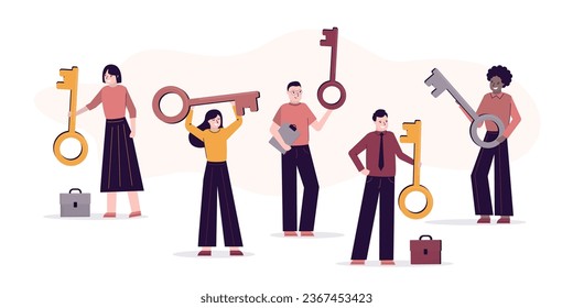 Set of dIfferent business people with keys. Opening new opportunities and doors to business. Secret key to achieving goals, strategies and methods for greater success and wealth. vector illustration