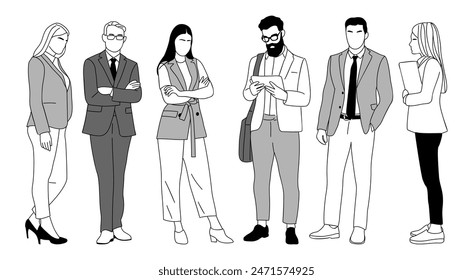 Conjunto de diferentes personas de negocios dibujo de arte de línea. Grupo de hombres y mujeres en traje formal. Equipo concepto de trabajo. Ilustraciones de boceto de Vector dibujado a mano aisladas sobre fondo blanco.