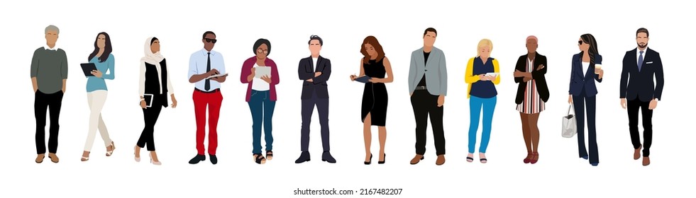 Set of different business people. Business multiracial team. Vector art illustration of diverse cartoon men and women of various races, ages and body type in office outfits. Isolated on white.