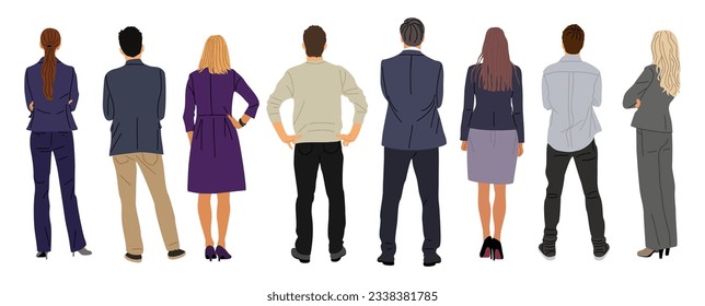 Set of different Business People Standing Back View. Male and Female Characters Wearing formal office Clothes, suits Rear View. Vector illustration Isolated on white Background