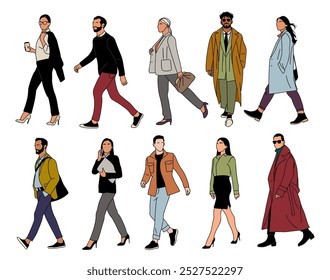 Set of different business people walking isolated