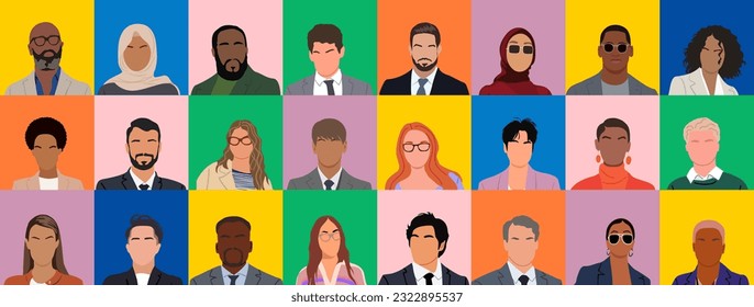 Set of different business person faceless portraits,  diverse multiracial business team, men and women  avatars. Vector flat illustrations isolated on colorful background.