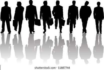 Set of Different Business Pose Men People  Silhouettes with Reflecting Shadows. In Action, Standing. With Briefcase and Without It.  High Detail Vector Illustration. 