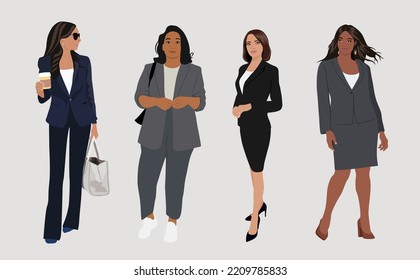 Set of different business women in formal suits. Vector realistic illustration of diverse multinational standing cartoon women in office outfits. Isolated on neutral background.