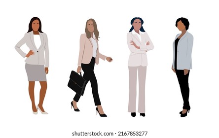 Set of different business women standing and walking in formal office outfit, suits. Young attractive ladies cartoon characters. Vector art illustration isolated on white background. 