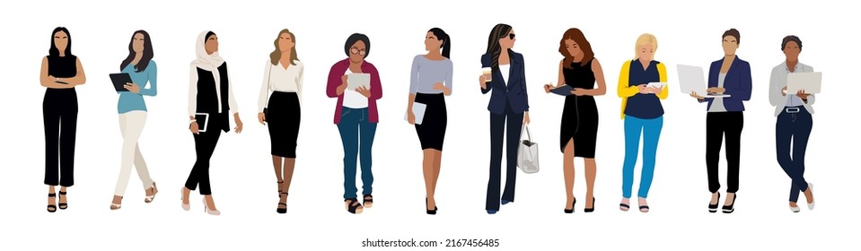 Set of different Business women . Vector art illustration of diverse multiracial and multicultural standing cartoon characters in office outfits. Isolated on white.