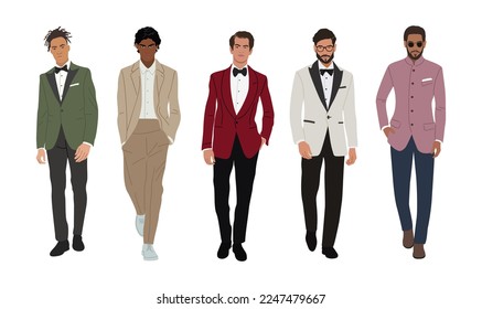 Set of different businessman characters in elegant evening party outfits. Stylish handsome guys wearing formal suits and tuxedo. Hand drawn vector realistic illustrations isolated on white background.