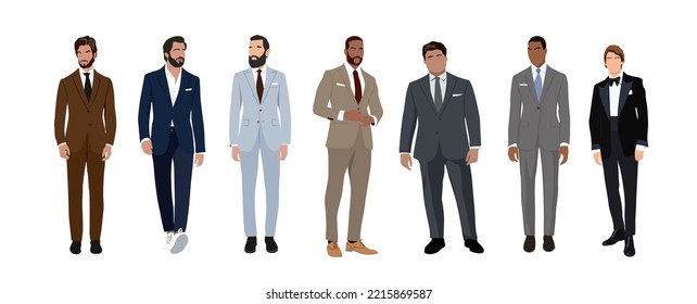 Set of different businessman characters in formal or black tie outfits. Stylish handsome guys wearing formal suits and tuxedo. Hand drawn vector realistic illustrations isolated on white background.