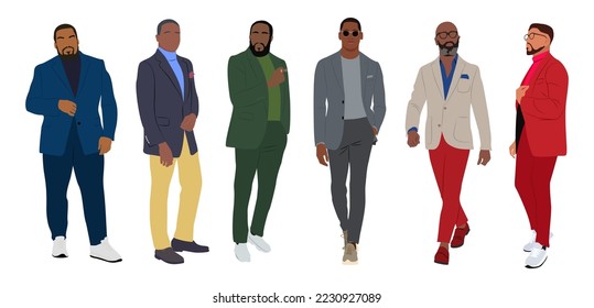 Conjunto de diferentes personajes de negocios con atuendos formales. Elegantes y guapos chicos negros con trajes formales o chispas. Ilustraciones realistas de vector dibujadas a mano aisladas en fondo blanco.