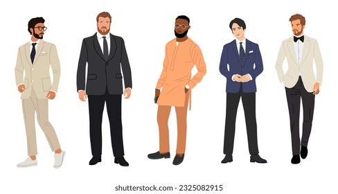 Set of different businessman characters in formal or black tie outfits. Stylish handsome guys wearing formal suits and tuxedo. Hand drawn vector realistic illustrations isolated on white background.