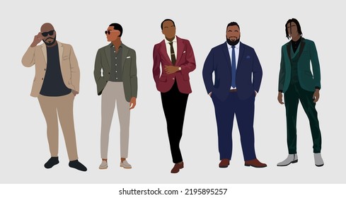 Set of different Businessmen in suits or tuxedo standing and walking. Handsome african american men wearing formal outfit. Cartoon male characters Vector realistic illustrations isolated.