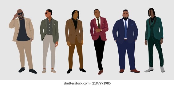 Conjunto de diferentes hombres de negocios con trajes o esmoquin de pie y caminando. Hombres afroamericanos guapos con ropa formal. Personajes de caricatura masculinos Vector ilustraciones realistas aisladas.