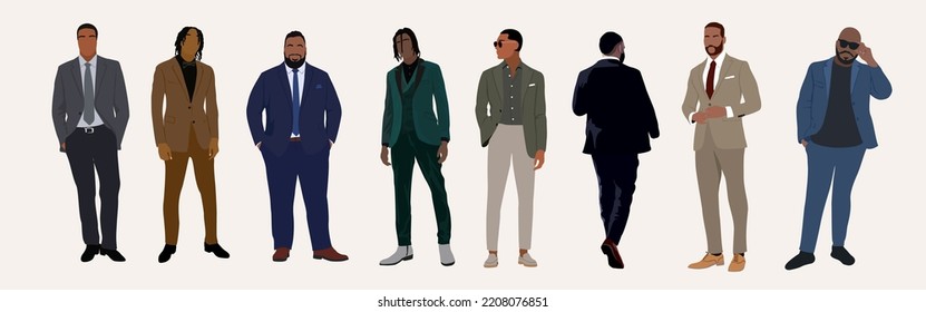 Set of different Businessmen in suits and tuxedo standing, front and back view. Handsome african american men in formal office outfit. Cartoon male characters Vector realistic illustrations isolated.