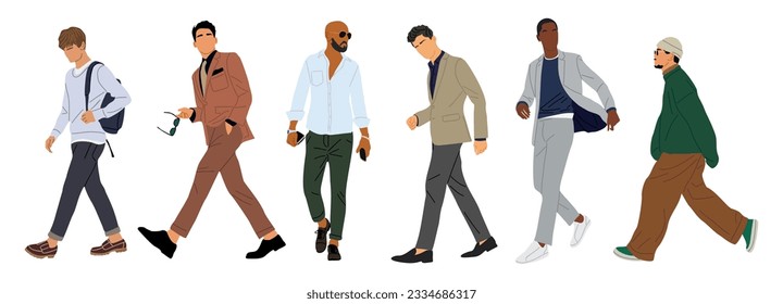 Set of different businessmen walking side and front view. Stylish men wearing formal and smart casual office outfit. Business fashion look. Cartoon characters vector realistic illustration isolated