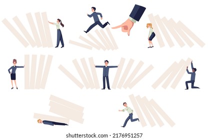 Set of different businesspeople with domino falling effect flat style, vector illustration isolated on white background. Business metaphor, chain reaction concept