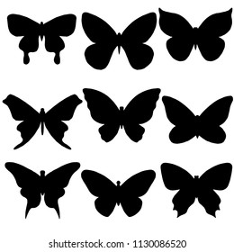 a set of different butterflies in black