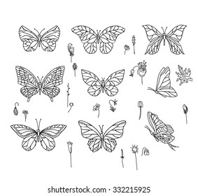 Set with different butterflies. Black and white.  For your design, announcements, postcards, posters.