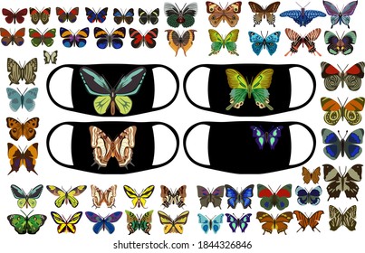 A set of different butterflies. The prints on the masks from the coronavirus. Vector illustration.