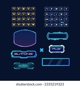 Set Different Buttons Hud Futuristic Sci Fi Text Frame Window  Oval Rectangular Form Blue Purple Banner Pop Up Window Game UI Screen Panel Vector Design