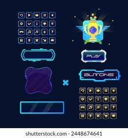 Set Different Buttons Hud Futuristic Sci Fi Text Frame Window  Purple Blue Dark  Banner Pop Up Win Window Game UI Screen Panel Vector Design