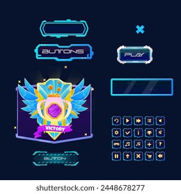 Set Different Buttons Hud Futuristic Sci Fi Text Frame Window Dark Blue Purple  Banner Pop Up Win Window Game UI Screen Panel Vector Design